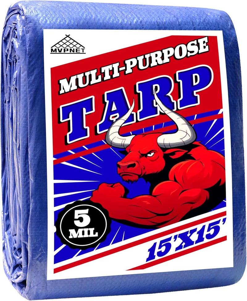 MVPNET Tarp 15x15 ft 100% Waterproof Uv Resistant High Durability Multipurpose 5mil Blue Tarp for Covering Courtyards, Cars, Camping, Gardens, Pet Nests -by - Image 1